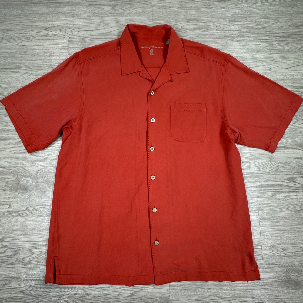 Tommy Bahama Mens Silk‎ Button Down Shirt Orange Coral Large Short Sleeve Camp